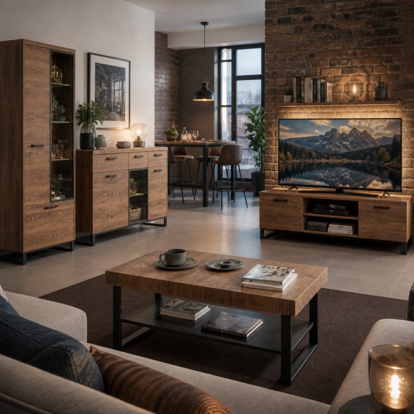 Мебель в гостиную «Loft»: тумба, обеденный столик, барные стулья, комод, GS83
