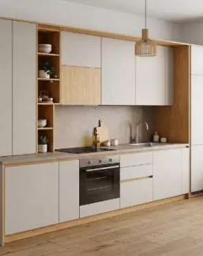 Прямая встроенная кухня в белом с дубом
