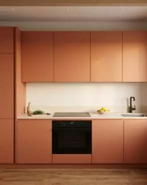 Прямая встроенная кухня в терракотовом