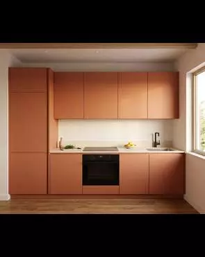 Прямая встроенная кухня в терракотовом
