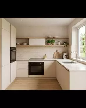 Угловая кухня без верхних шкафов в кремовом